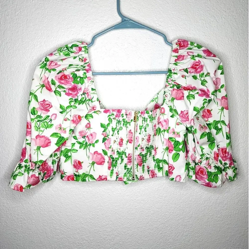 Hill House The Isabella Top in Pink Roses Puff Sleeve Poplin Floral Bow Crop Top
